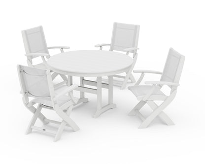 POLYWOOD® Coastal Folding Chair 5-Piece Round Dining Set in White / White Sling
