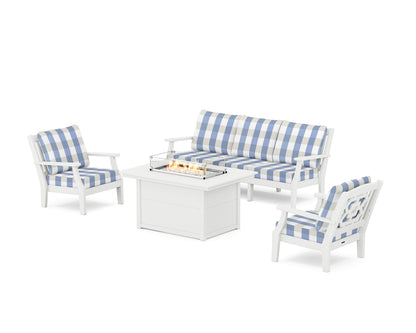 Martha Stewart by POLYWOOD® Chinoiserie Deep Seating Fire Pit Table Set in White / Buffalo Plaid Sky Blue