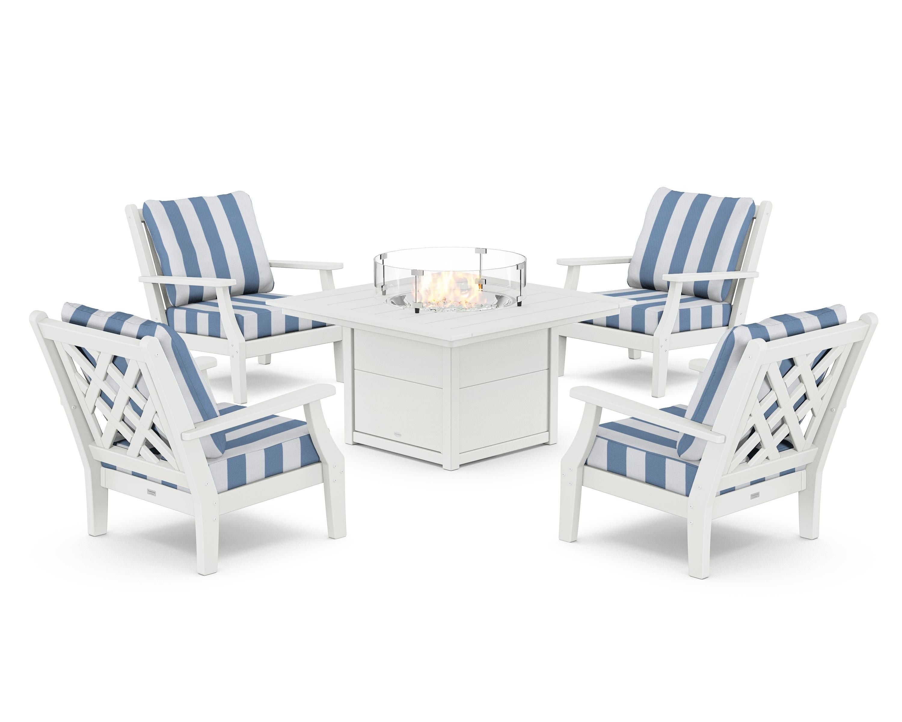 Country Living Wovendale 5-Piece Deep Seating Set with Fire Pit Table in White / Cabana Stripe Sky Blue