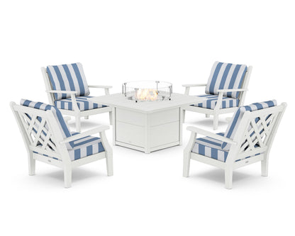 Country Living Wovendale 5-Piece Deep Seating Set with Fire Pit Table in White / Cabana Stripe Sky Blue