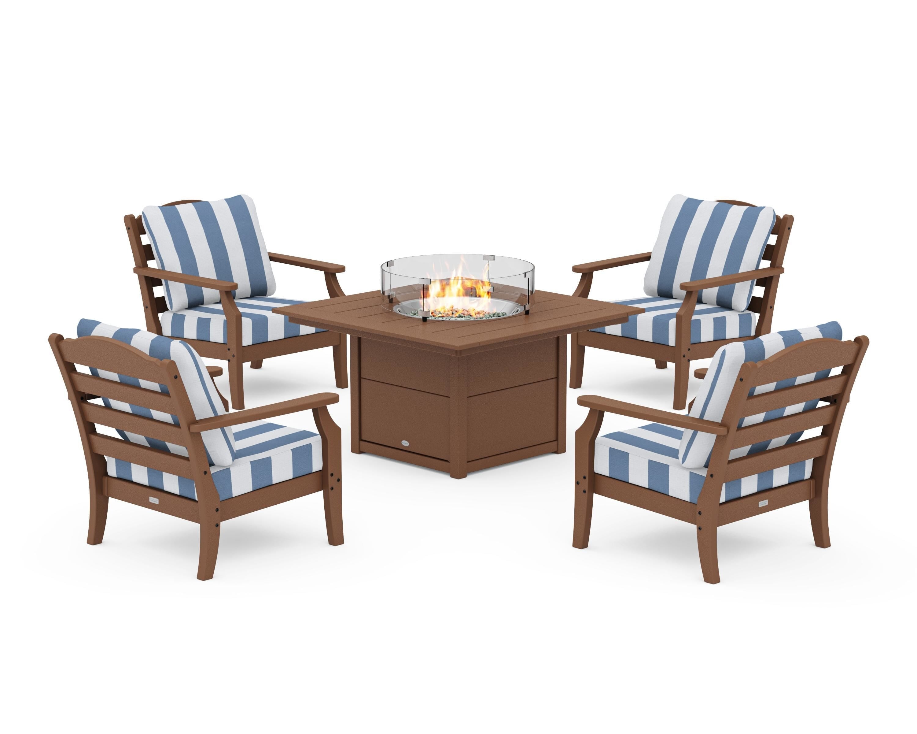 Draper James™ by  POLYWOOD® Savannah 5-Piece Deep Seating Set with Fire Pit Table in Teak / Cabana Stripe Sky Blue