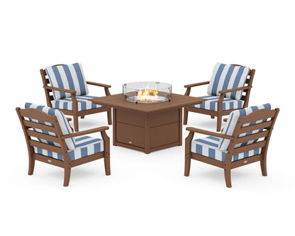 Draper James™ by  POLYWOOD® Savannah 5-Piece Deep Seating Set with Fire Pit Table in Teak / Cabana Stripe Sky Blue