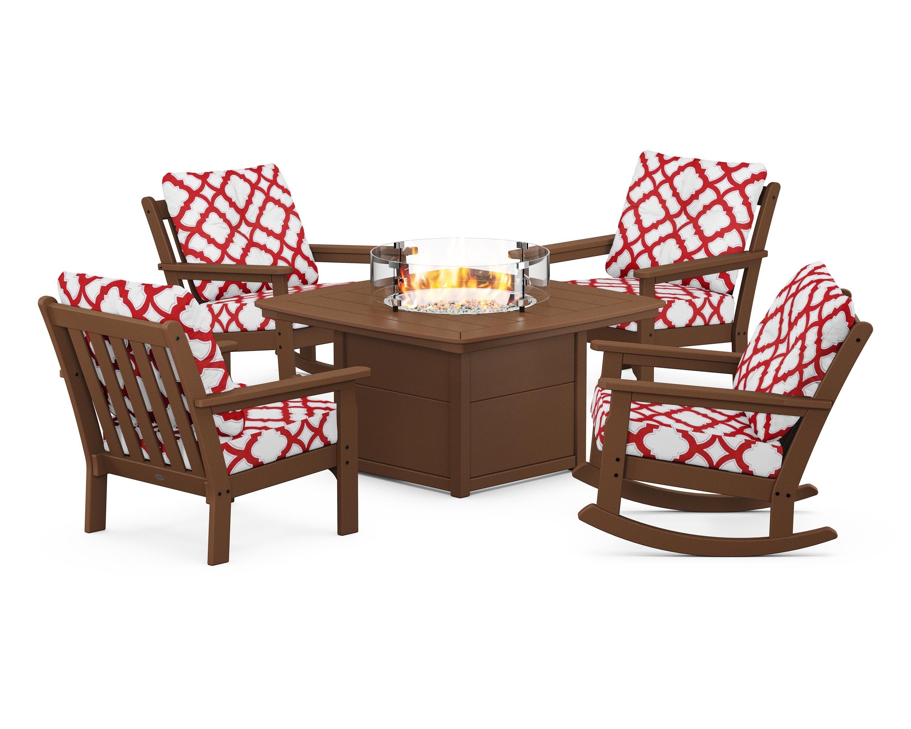POLYWOOD® Vineyard 5-Piece Deep Seating Rocking Chair Conversation Set with Fire Pit Table in Teak / Trellis Crimson