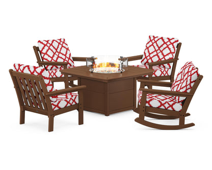 POLYWOOD® Vineyard 5-Piece Deep Seating Rocking Chair Conversation Set with Fire Pit Table in Teak / Trellis Crimson