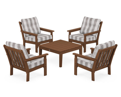 POLYWOOD® Vineyard 5-Piece Deep Seating Conversation Set in Teak / Buffalo Plaid Grey Mist