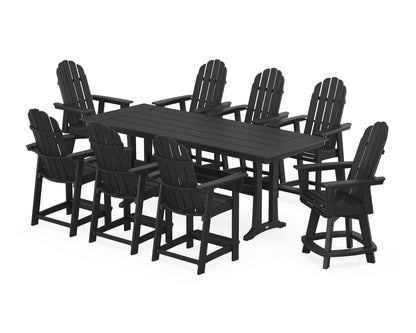 POLYWOOD® Vineyard Curveback Adirondack Swivel 9-Piece Farmhouse Counter Set with Trestle Legs in Black