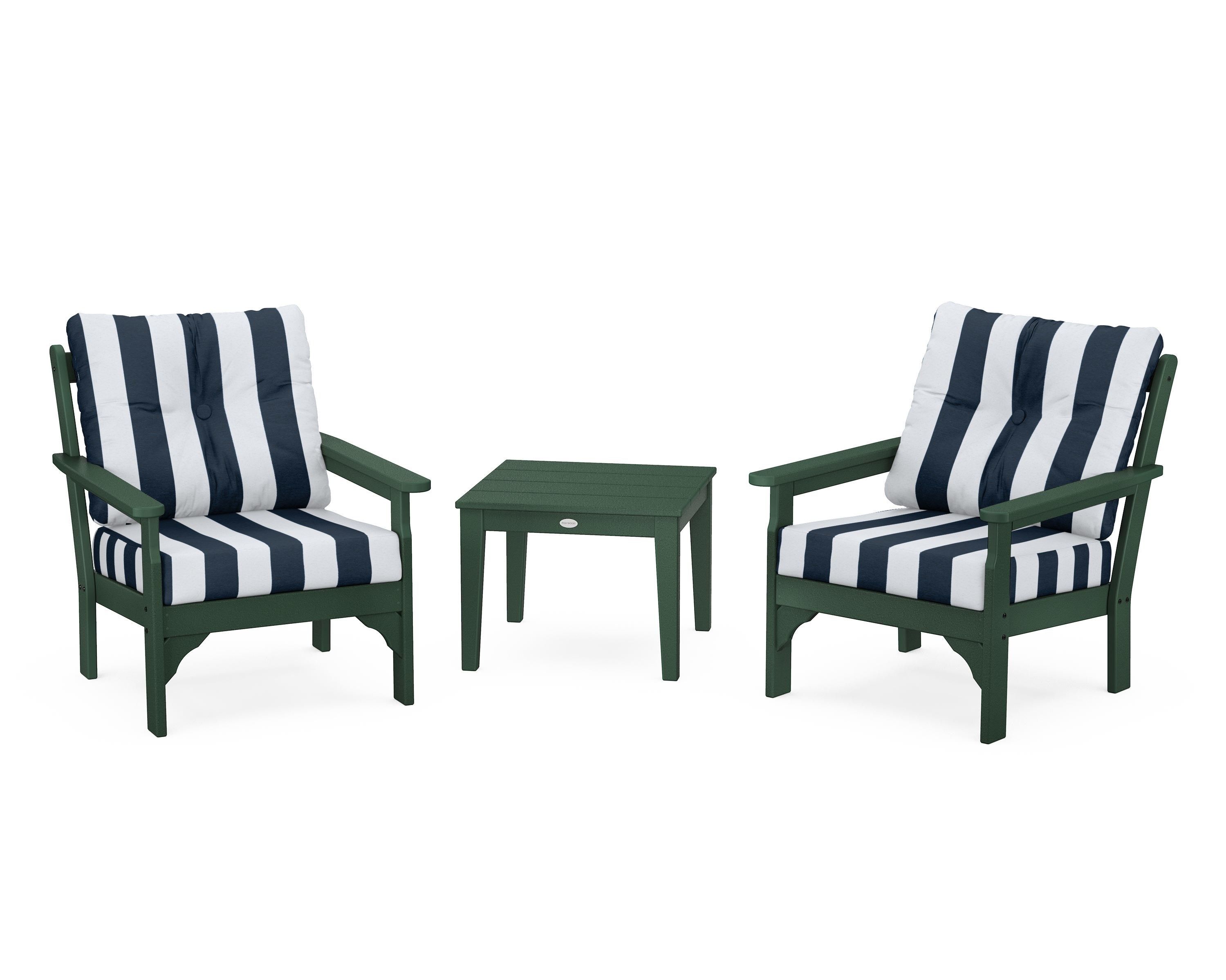 POLYWOOD® Vineyard 3-Piece Deep Seating Set in Green / Cabana Stripe Marine Indigo
