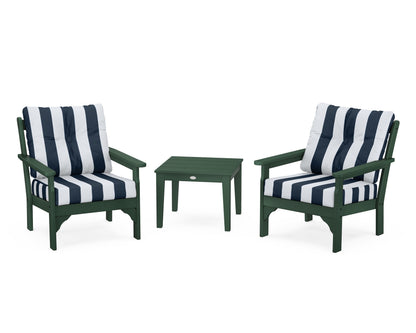 POLYWOOD® Vineyard 3-Piece Deep Seating Set in Green / Cabana Stripe Marine Indigo