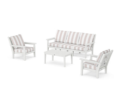 POLYWOOD® Chippendale 4-Piece Deep Seating Set with Sofa in White / Cabana Stripe Dune Burlap