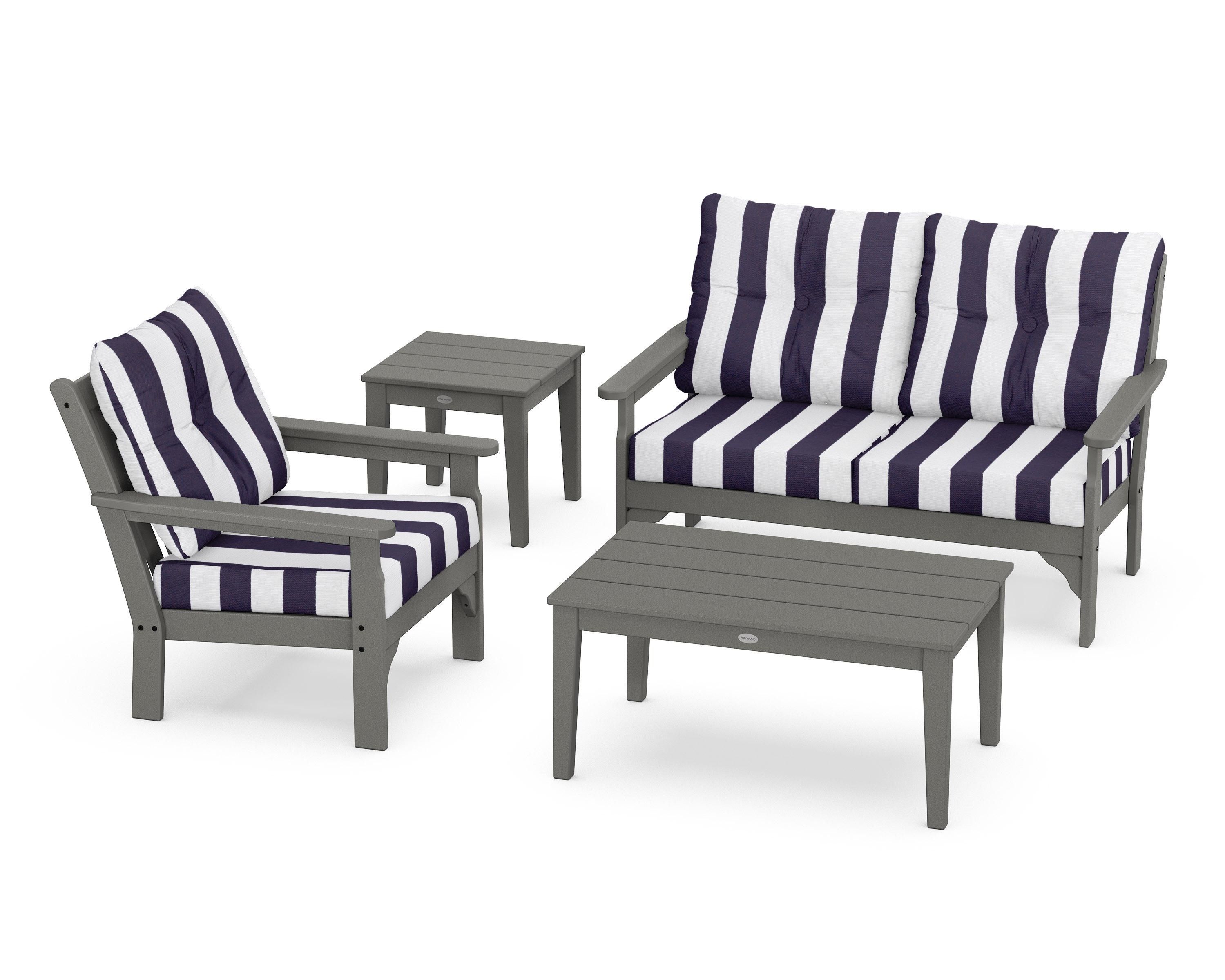 POLYWOOD® Vineyard 4-Piece Deep Seating Set in Slate Grey / Cabana Stripe Navy