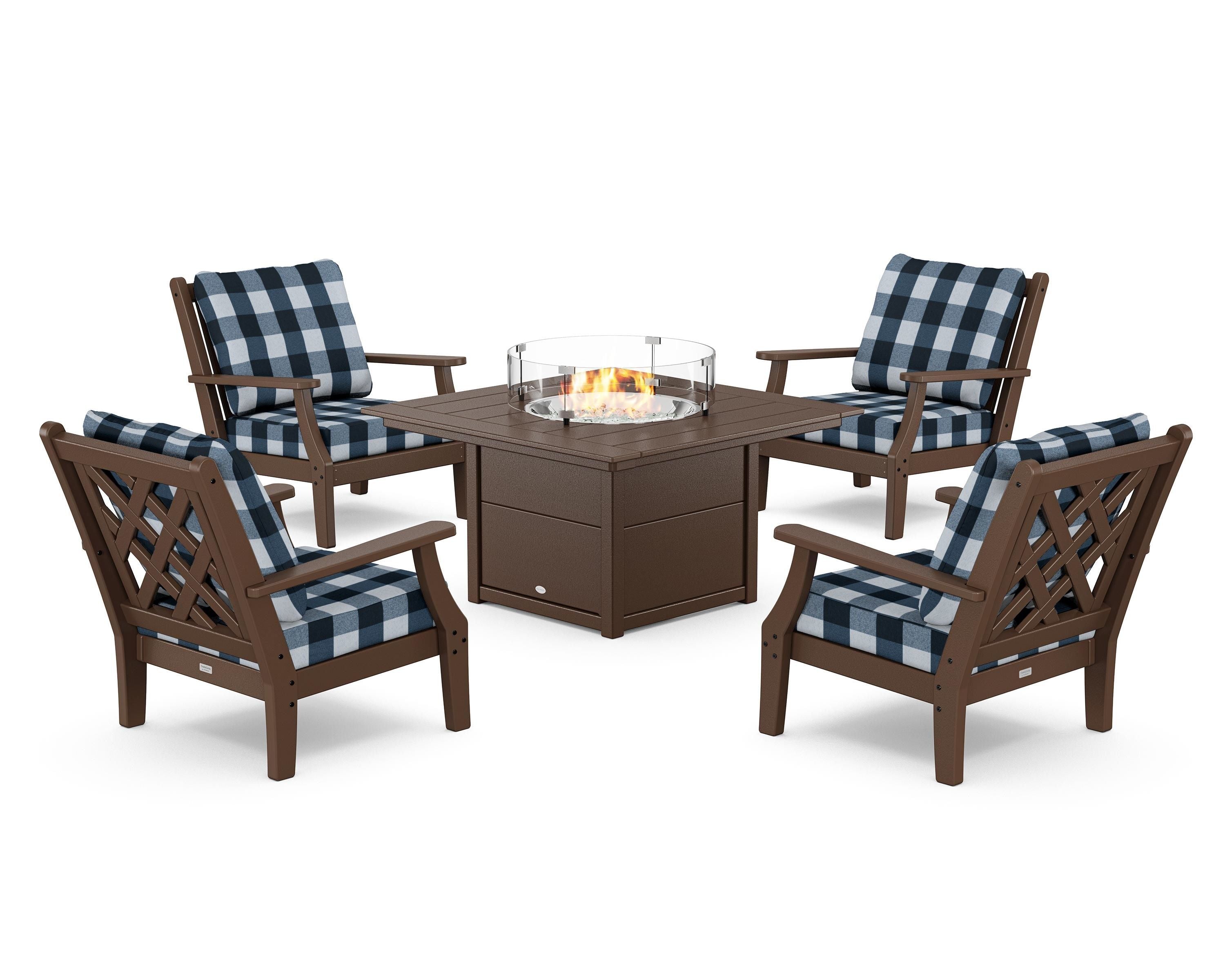 Country Living Wovendale 5-Piece Deep Seating Set with Fire Pit Table in Mahogany / Buffalo Plaid Marine Indigo