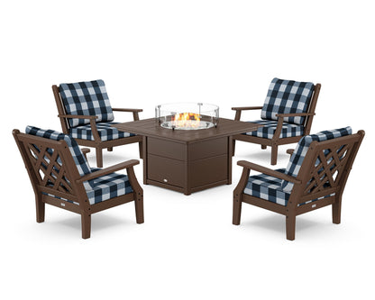 Country Living Wovendale 5-Piece Deep Seating Set with Fire Pit Table in Mahogany / Buffalo Plaid Marine Indigo