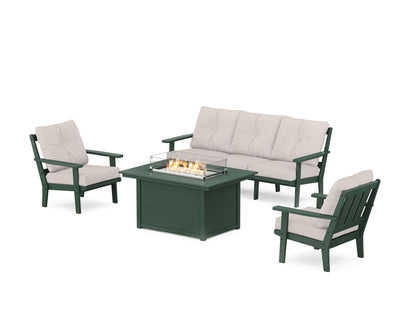 POLYWOOD® Oxford Deep Seating Fire Pit Table Set in Green / Dune Burlap