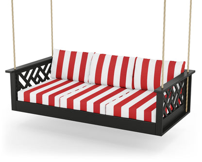 POLYWOOD® Chippendale Daybed Swing in Black / Cabana Stripe Crimson