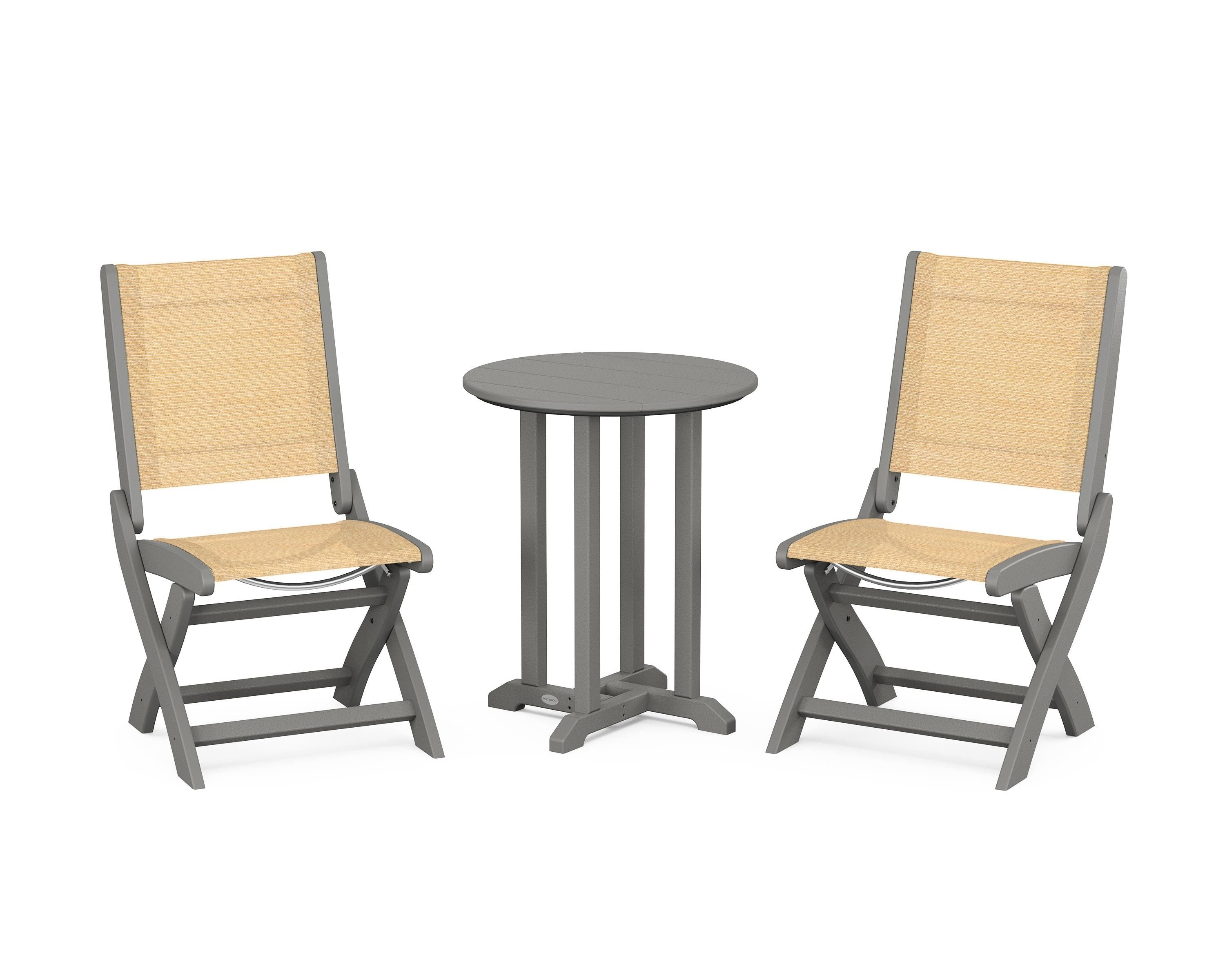 POLYWOOD® Coastal Folding Side Chair 3-Piece Round Bistro Dining Set in Slate Grey / Dupioni Apricot Sling