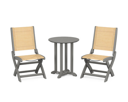 POLYWOOD® Coastal Folding Side Chair 3-Piece Round Bistro Dining Set in Slate Grey / Dupioni Apricot Sling