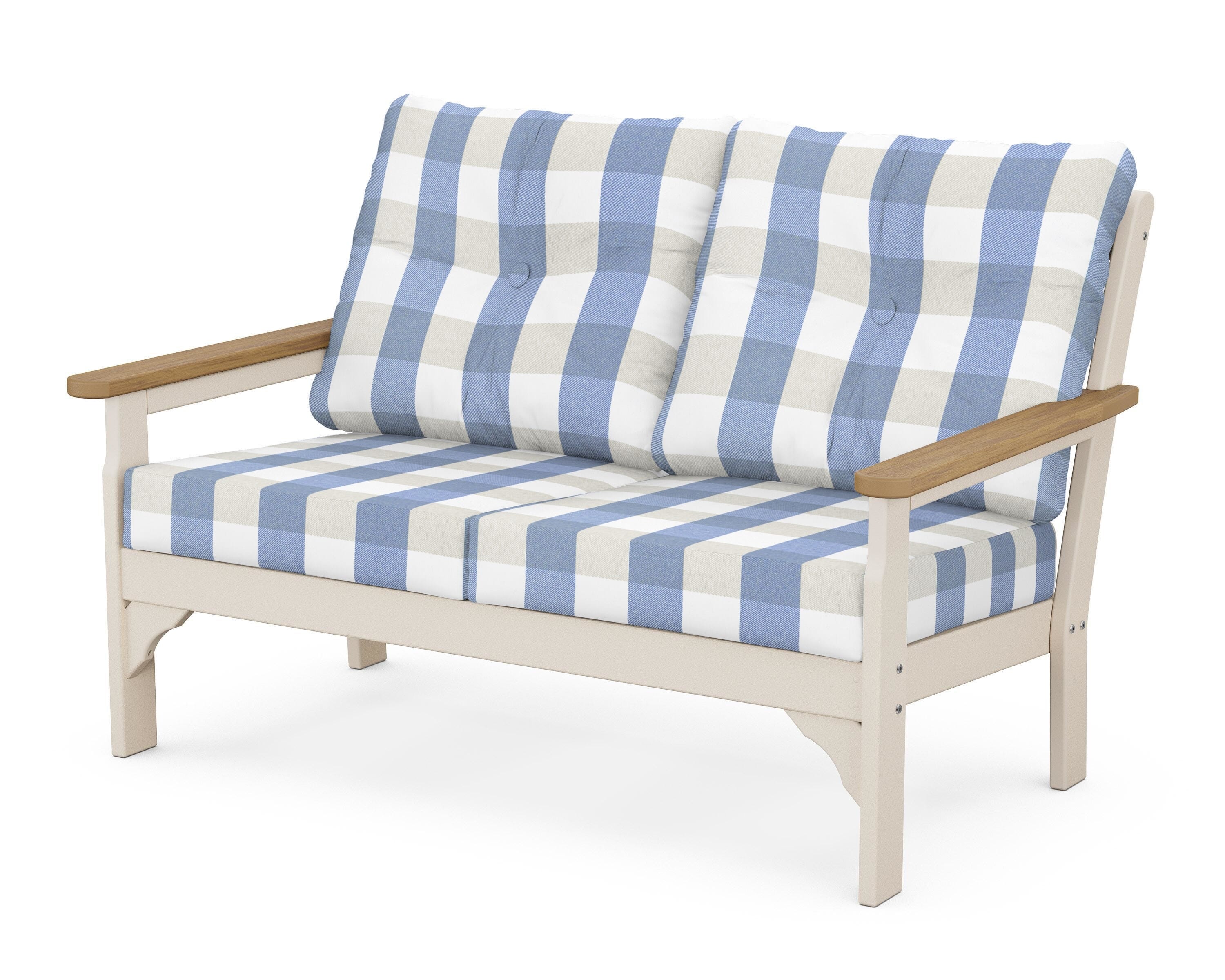 POLYWOOD® Vineyard Deep Seating Loveseat in Sand / Natural / Buffalo Plaid Sky Blue
