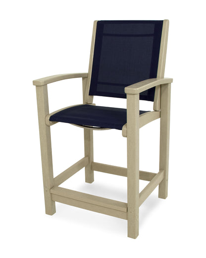 POLYWOOD® Coastal Counter Chair in Sand / Navy Blue Sling