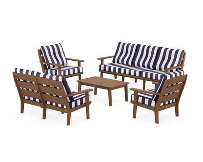 POLYWOOD® Lakeside 5-Piece Lounge Sofa Set in Teak / Cabana Stripe Navy