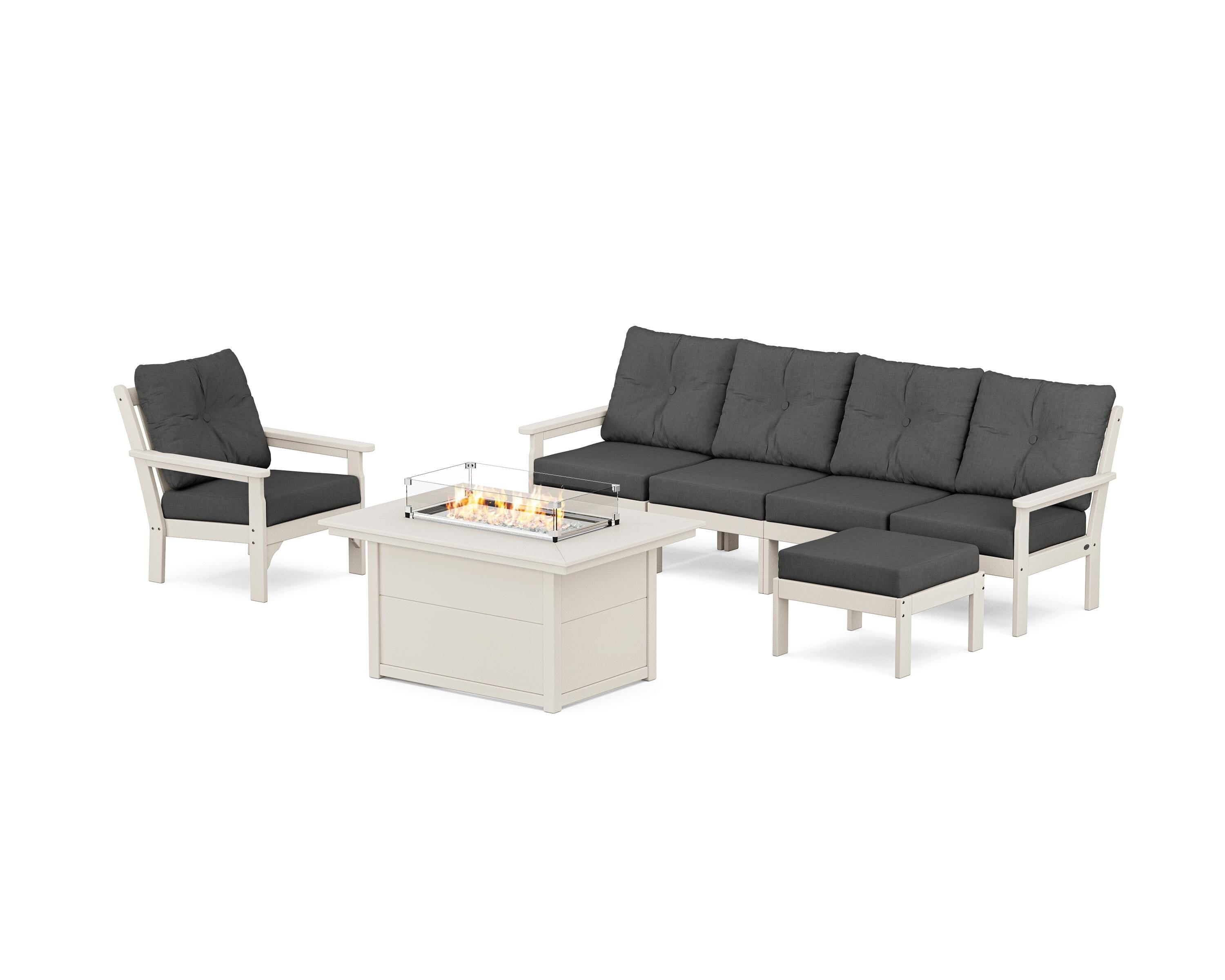 POLYWOOD® Vineyard Sectional Lounge and Fire Pit Set in Sand / Spectrum Carbon