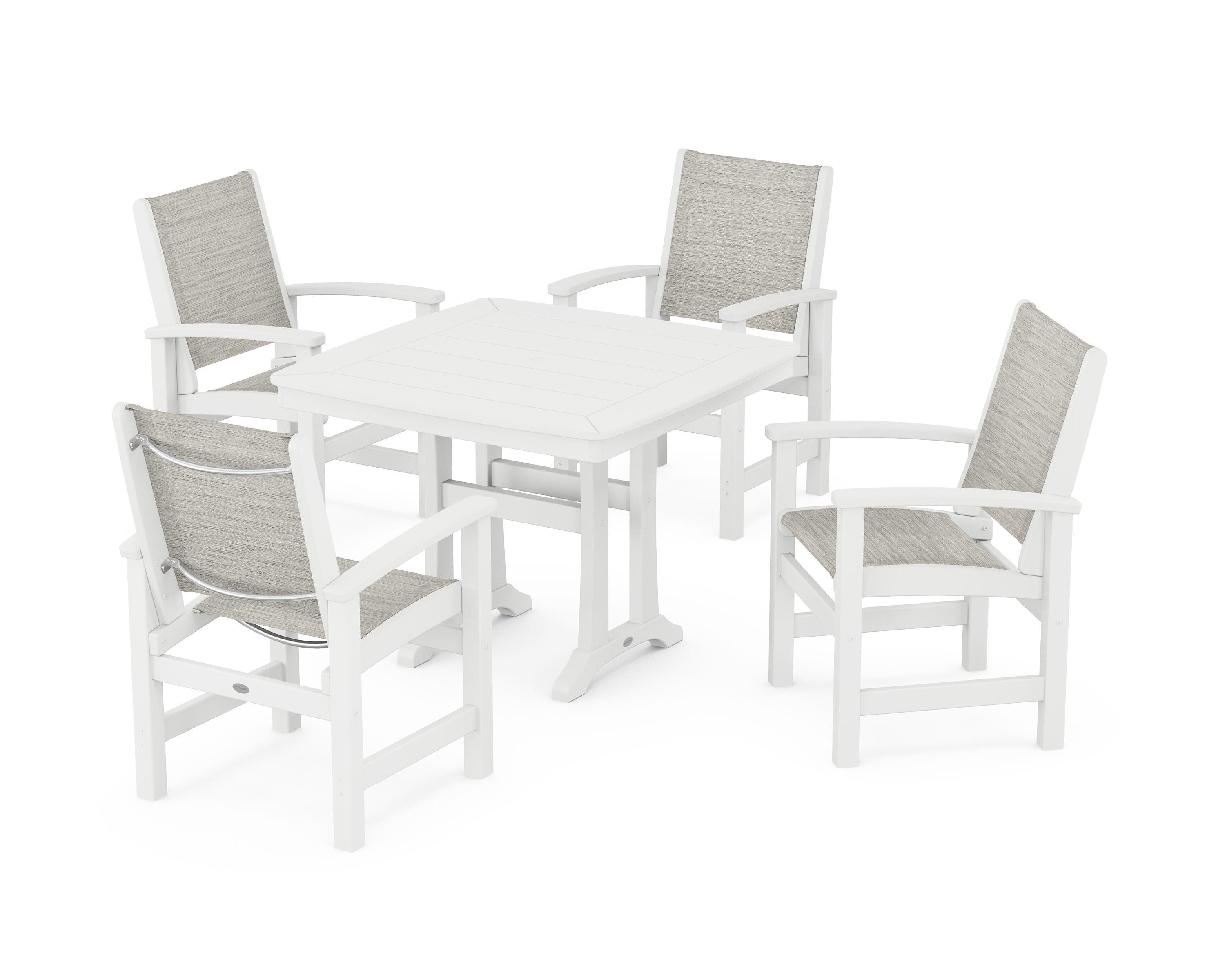 POLYWOOD® Coastal 5-Piece Dining Set with Trestle Legs in White / Birch Sling