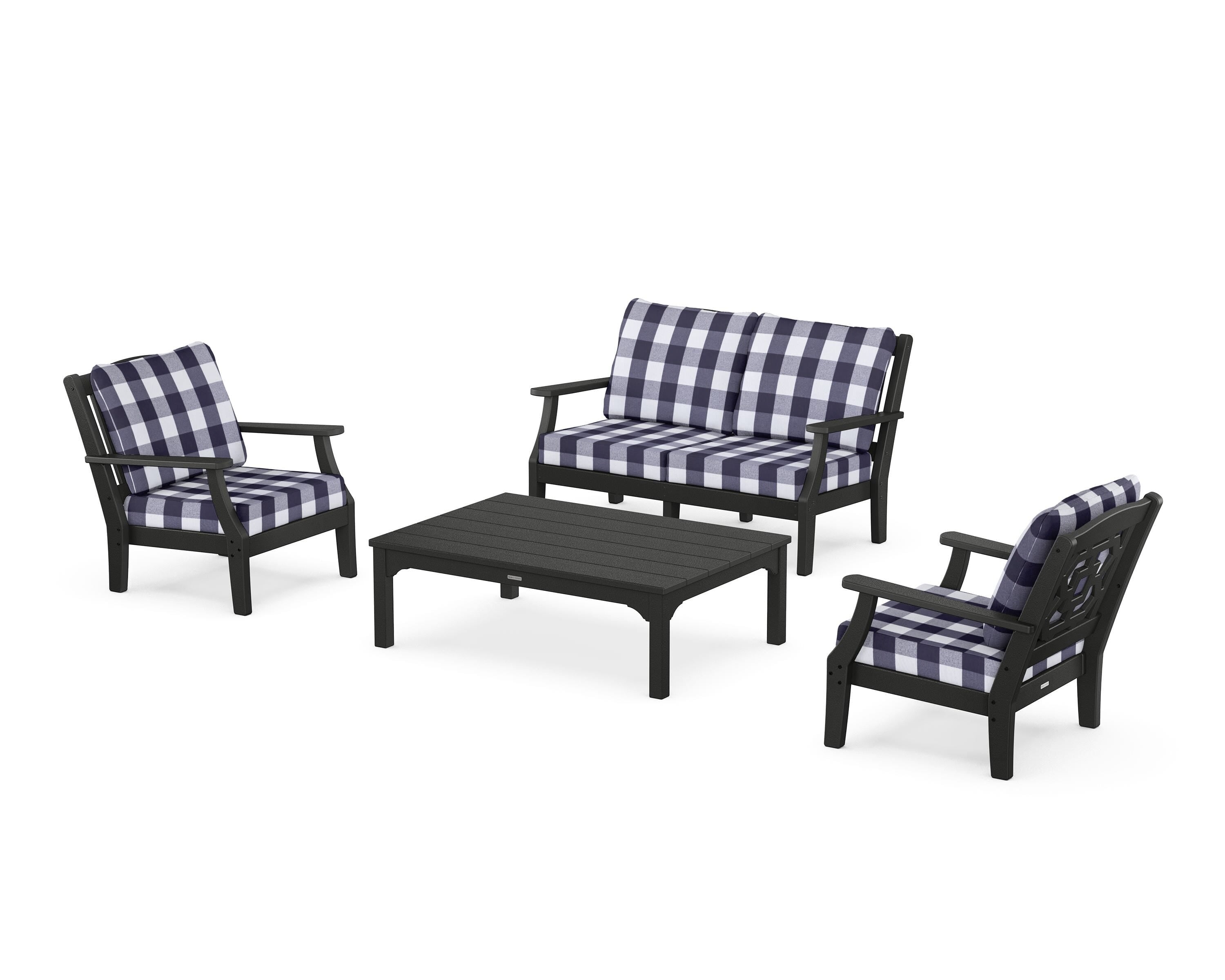 Martha Stewart by POLYWOOD® Chinoiserie 4-Piece Deep Seating Set with Loveseat in Black / Buffalo Plaid Navy