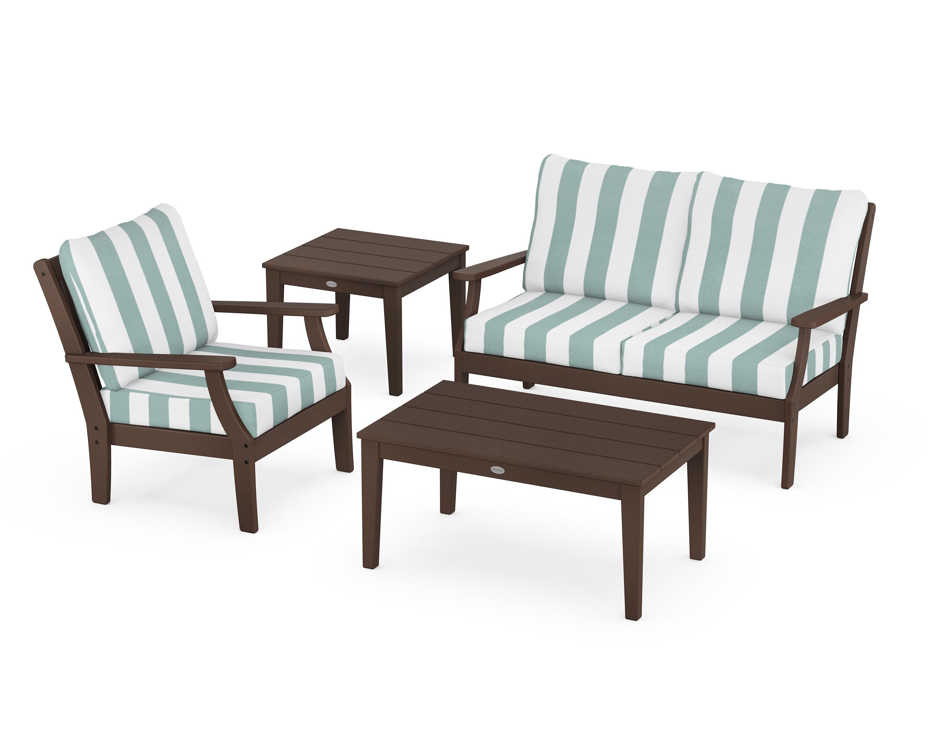 POLYWOOD® Braxton 4-Piece Deep Seating Set in Mahogany / Cabana Stripe Glacier Spa