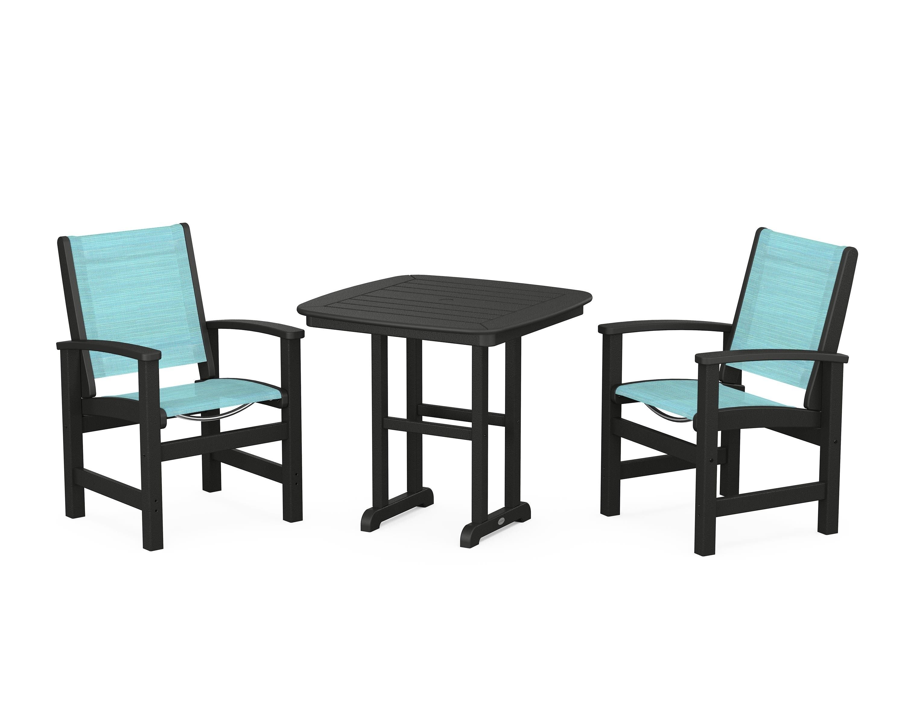 POLYWOOD® Coastal 3-Piece Dining Set in Black / Dupioni Aquamarine Sling