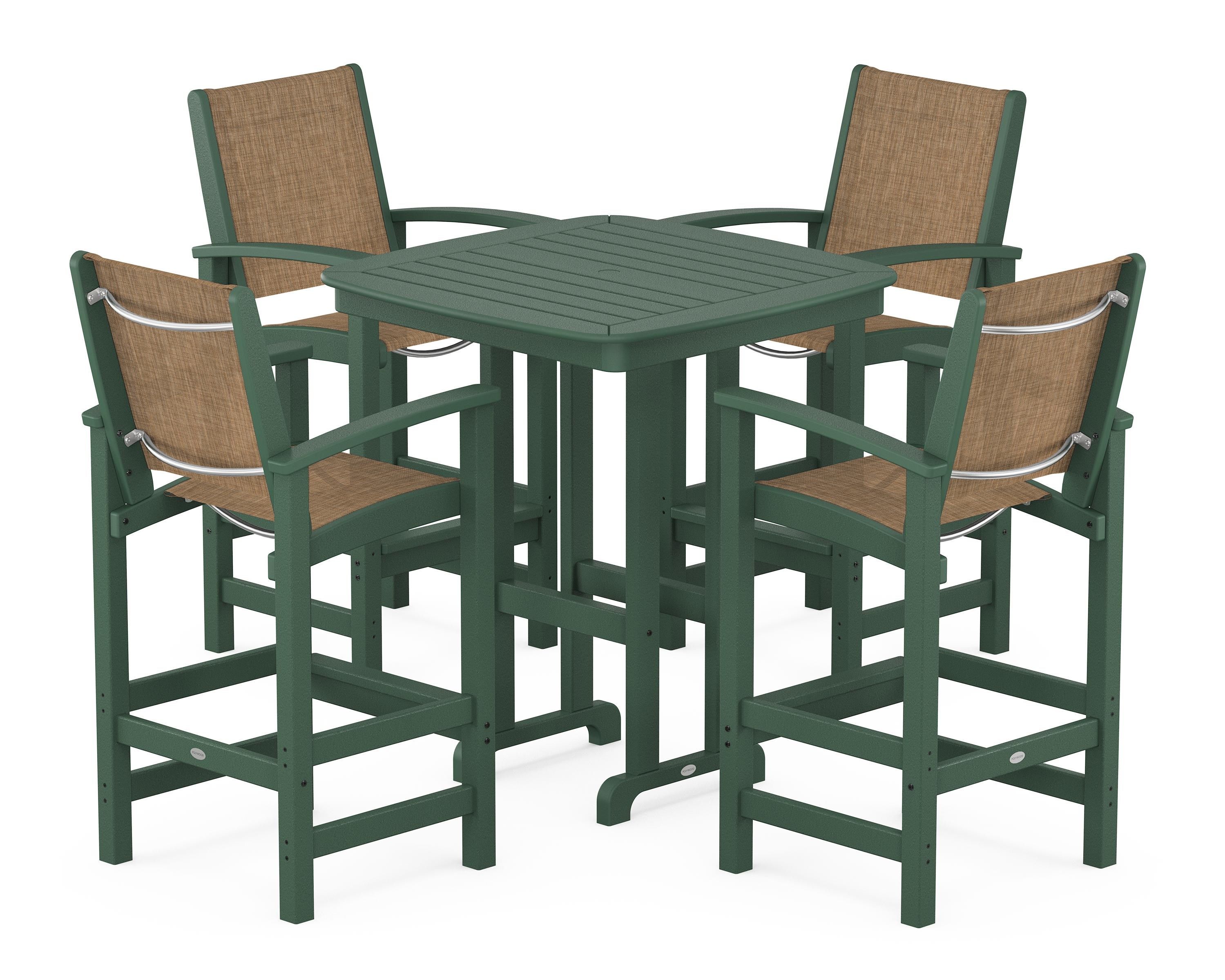 POLYWOOD® Coastal 5-Piece Bar Set in Green / Burlap Sling