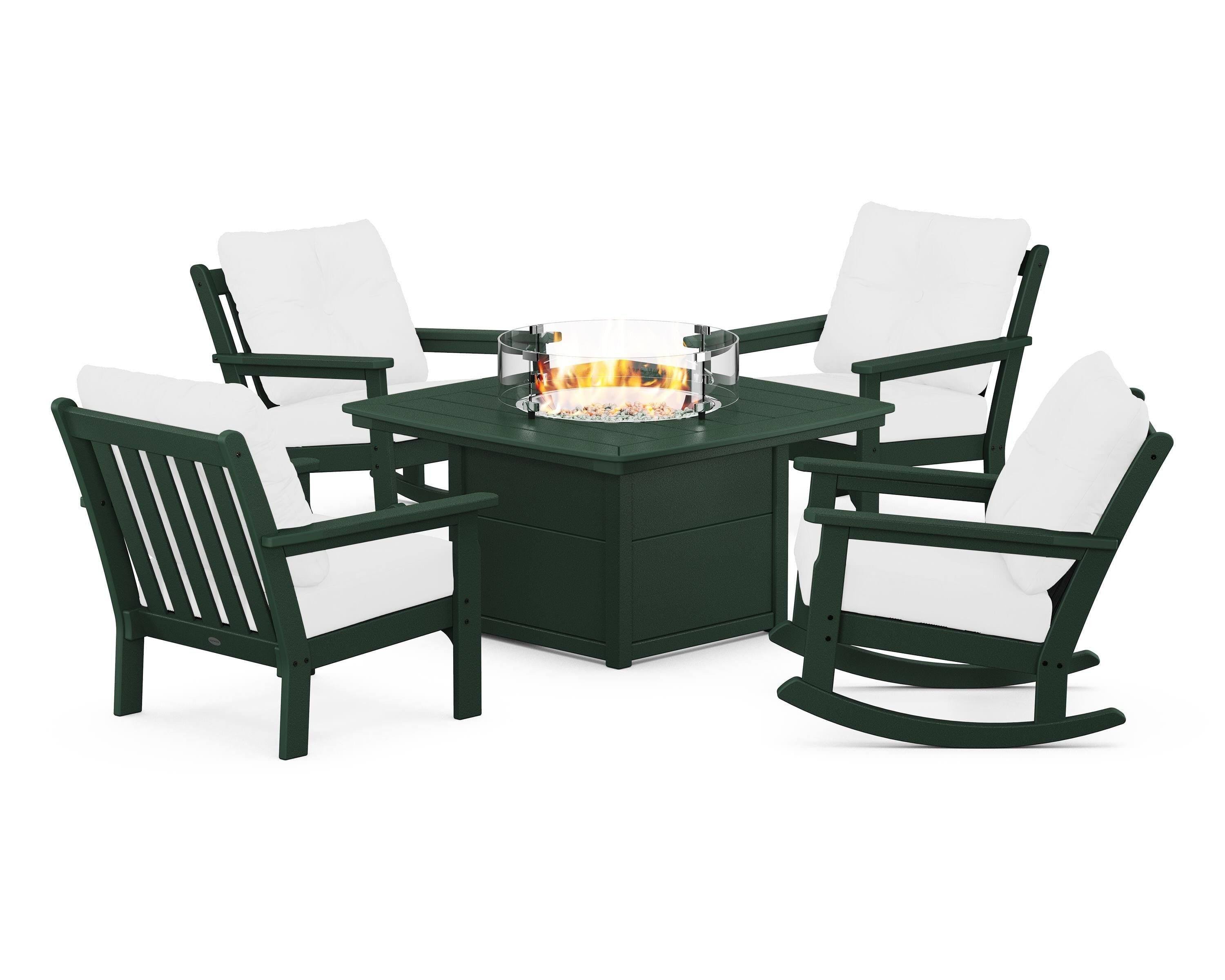 POLYWOOD® Vineyard 5-Piece Deep Seating Rocking Chair Conversation Set with Fire Pit Table in Green / Natural