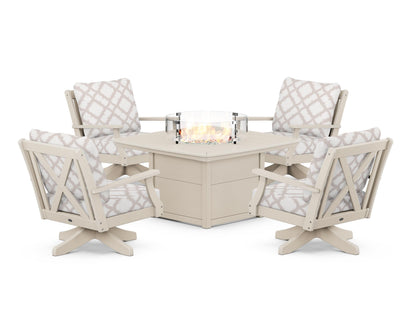 POLYWOOD® Braxton 5-Piece Deep Seating Swivel Conversation Set with Fire Pit Table in Sand / Trellis Dune Burlap
