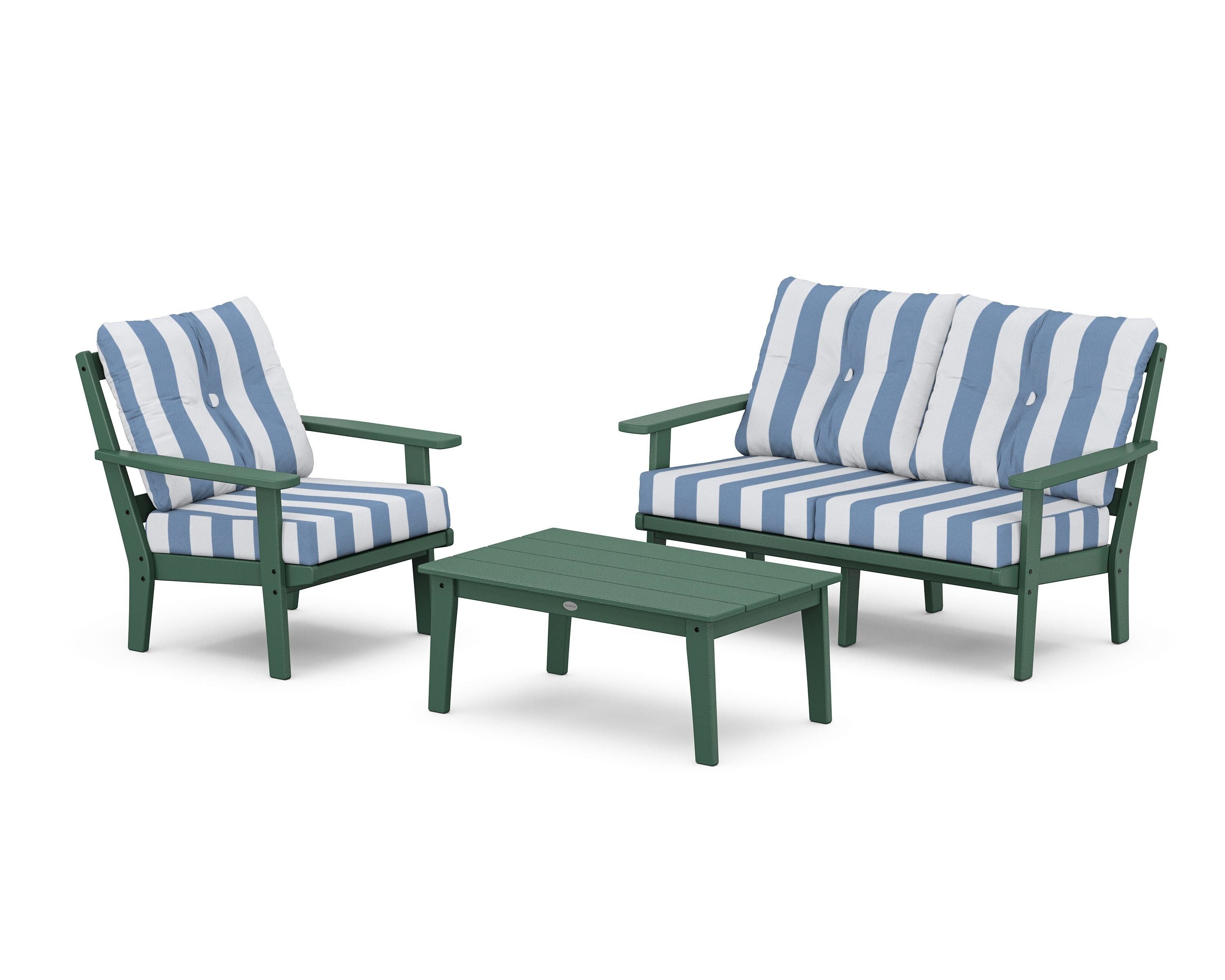 POLYWOOD® Prairie 3-Piece Deep Seating Set with Loveseat in Green / Cabana Stripe Sky Blue
