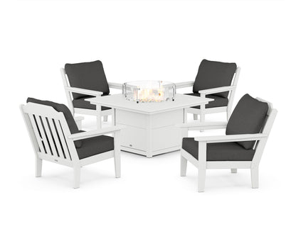 Country Living Cottage 5-Piece Deep Seating Set with Fire Pit Table in White / Spectrum Carbon