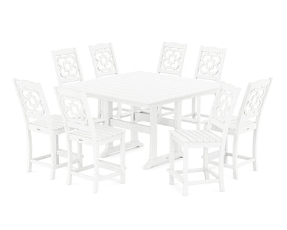 Martha Stewart by POLYWOOD® Chinoiserie 9-Piece Square Side Chair Counter Set with Trestle Legs in White