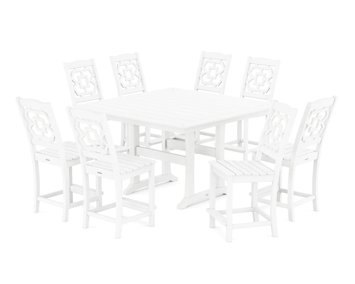Chinoiserie 9-Piece Square Side Chair Counter Set with Trestle Legs