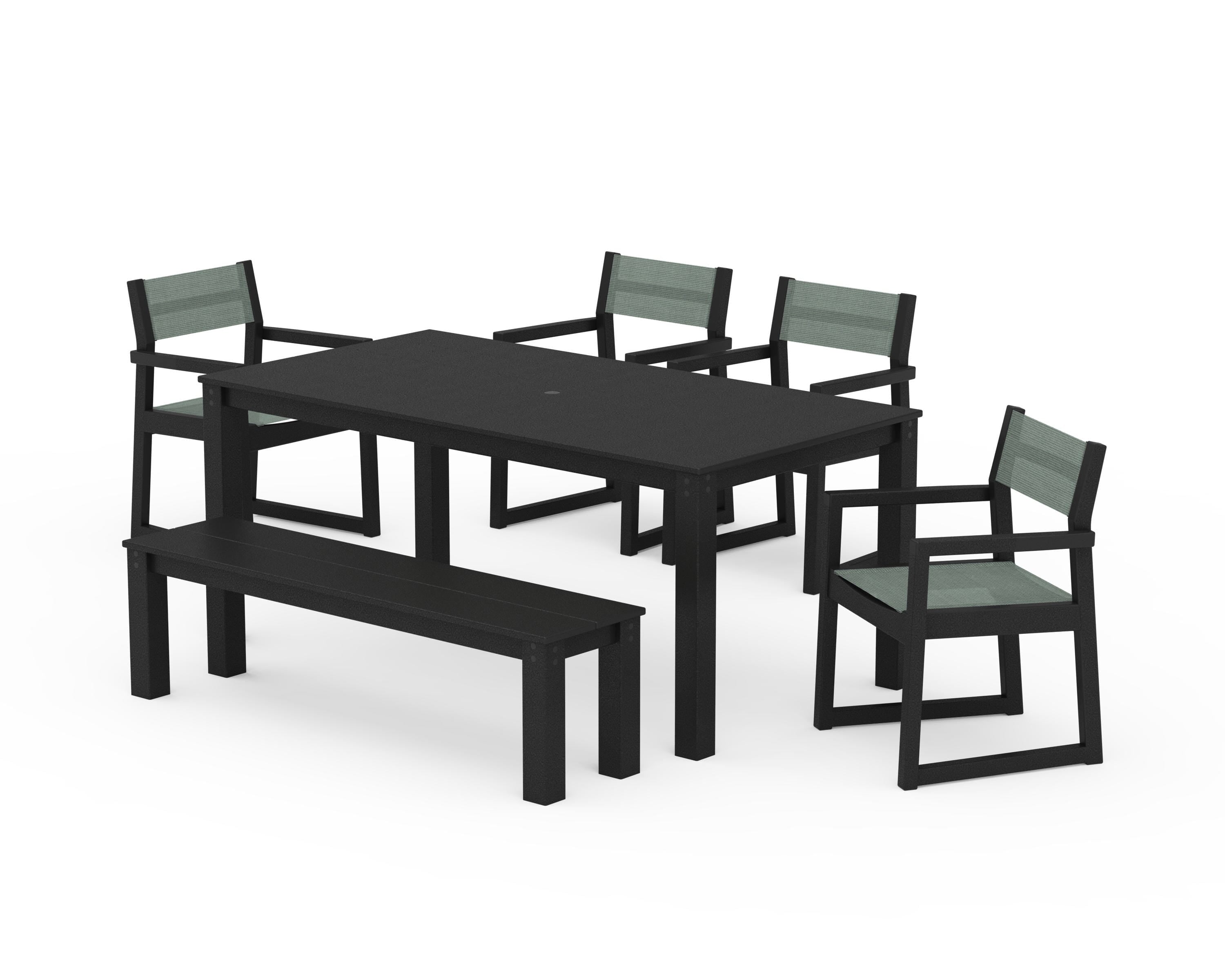 POLYWOOD® EDGE Sling Arm Chair 6-Piece Parsons Dining Set with Bench in Black / Dupioni Sea Mist Sling