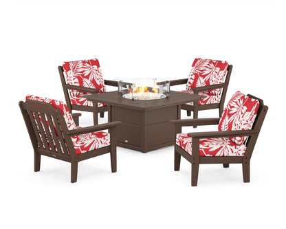 Country Living Cottage 5-Piece Deep Seating Set with Fire Pit Table in Mahogany / Leaf Crimson
