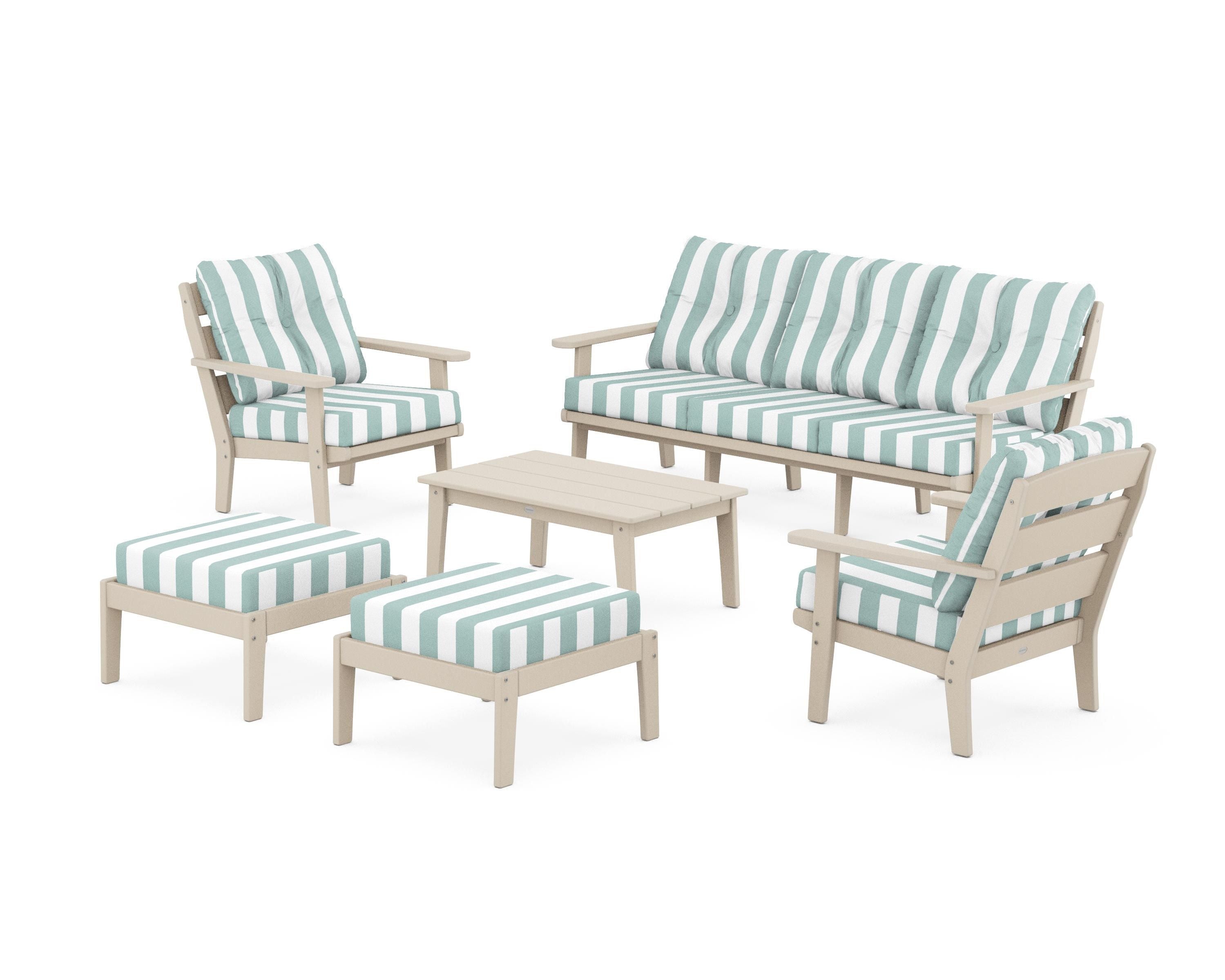 POLYWOOD® Lakeside 6-Piece Lounge Sofa Set in Sand / Cabana Stripe Glacier Spa