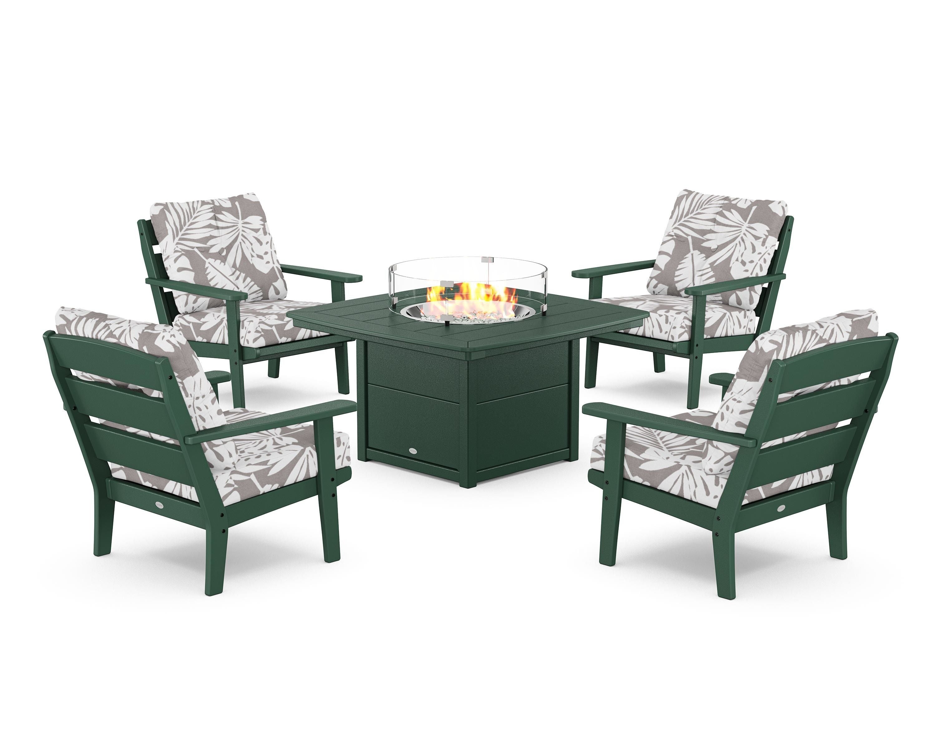 POLYWOOD® Lakeside 5-Piece Deep Seating Set with Nautical Fire Pit Table in Green / Leaf Grey Mist