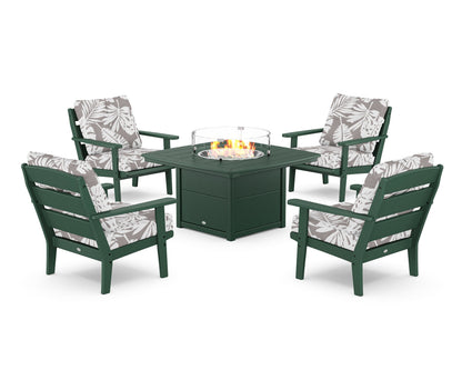 POLYWOOD® Lakeside 5-Piece Deep Seating Set with Nautical Fire Pit Table in Green / Leaf Grey Mist