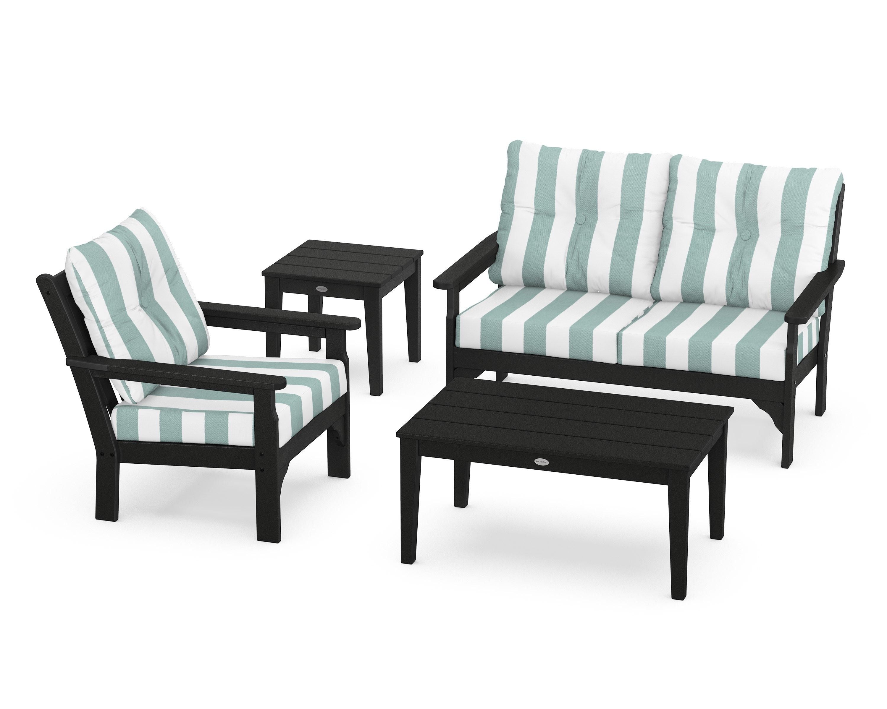 POLYWOOD® Vineyard 4-Piece Deep Seating Set in Black / Cabana Stripe Glacier Spa