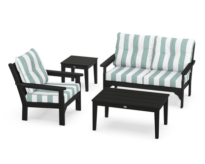 POLYWOOD® Vineyard 4-Piece Deep Seating Set in Black / Cabana Stripe Glacier Spa