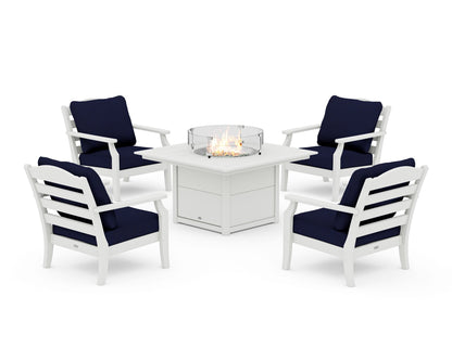 Draper James™ by  POLYWOOD® Savannah 5-Piece Deep Seating Set with Fire Pit Table in Vintage White / Navy