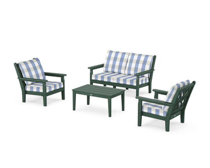POLYWOOD® Chippendale 4-Piece Deep Seating Set with Loveseat in Green / Buffalo Plaid Sky Blue