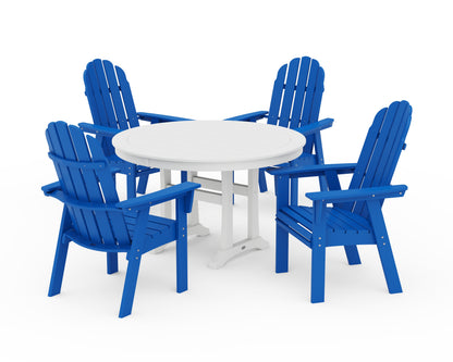 POLYWOOD® Vineyard Curveback Adirondack 5-Piece Nautical Trestle Dining Set in Pacific Blue / White