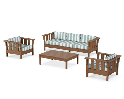 Martha Stewart by POLYWOOD® Acadia 4-Piece Deep Seating Set with Sofa in Teak / Cabana Stripe Glacier Spa