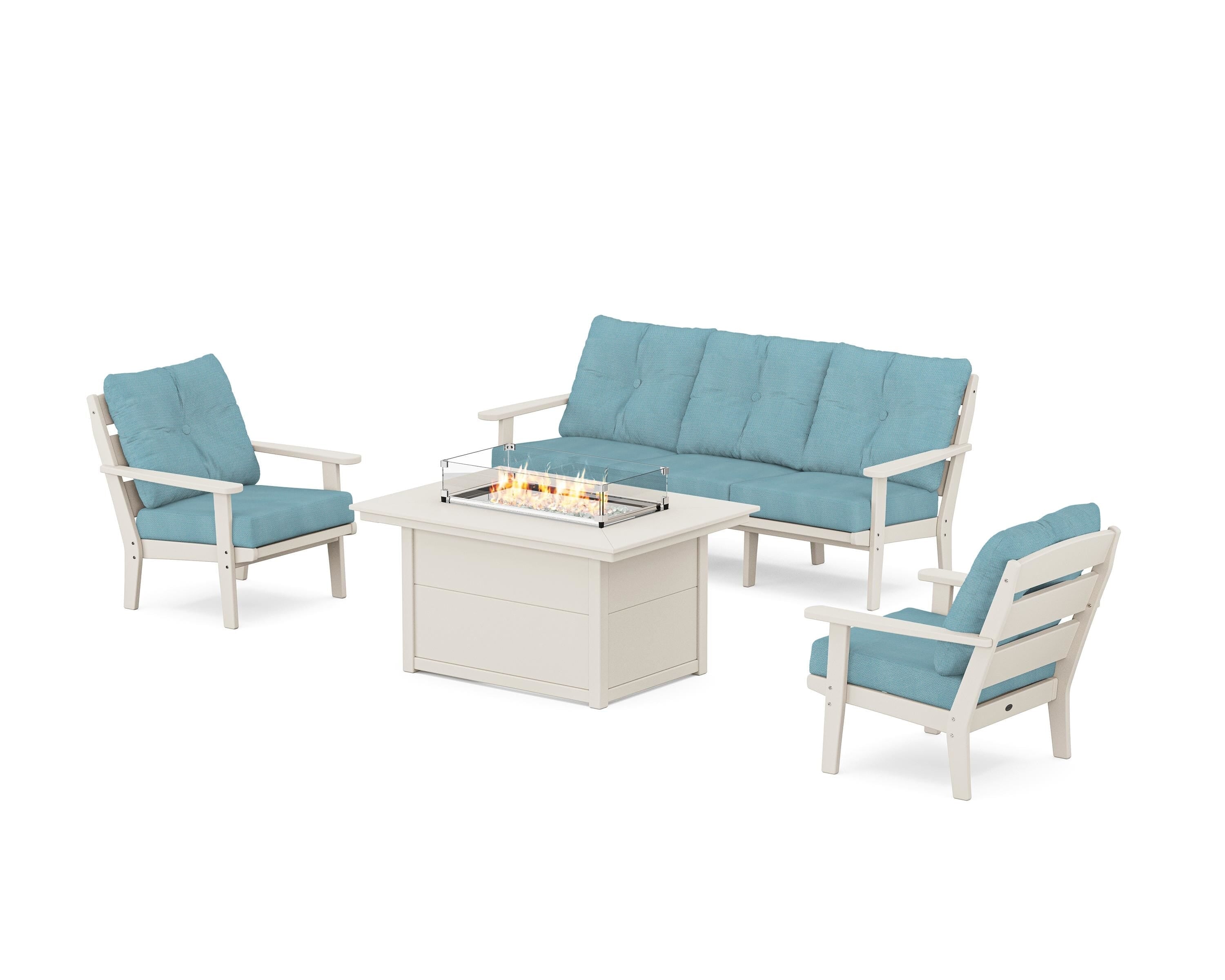 POLYWOOD® Lakeside Deep Seating Fire Pit Table Set in Sand / Lattice Sky Blue