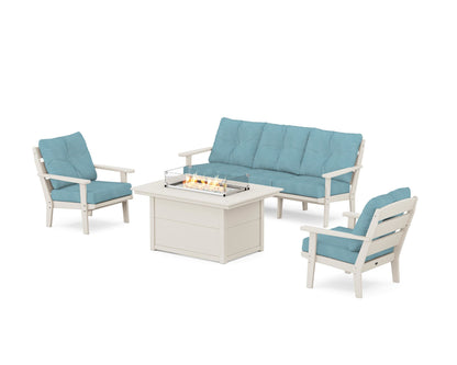 POLYWOOD® Lakeside Deep Seating Fire Pit Table Set in Sand / Lattice Sky Blue
