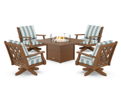 Country Living Wovendale 5-Piece Deep Seating Swivel Conversation Set with Fire Pit Table in Teak / Cabana Stripe Glacier Spa