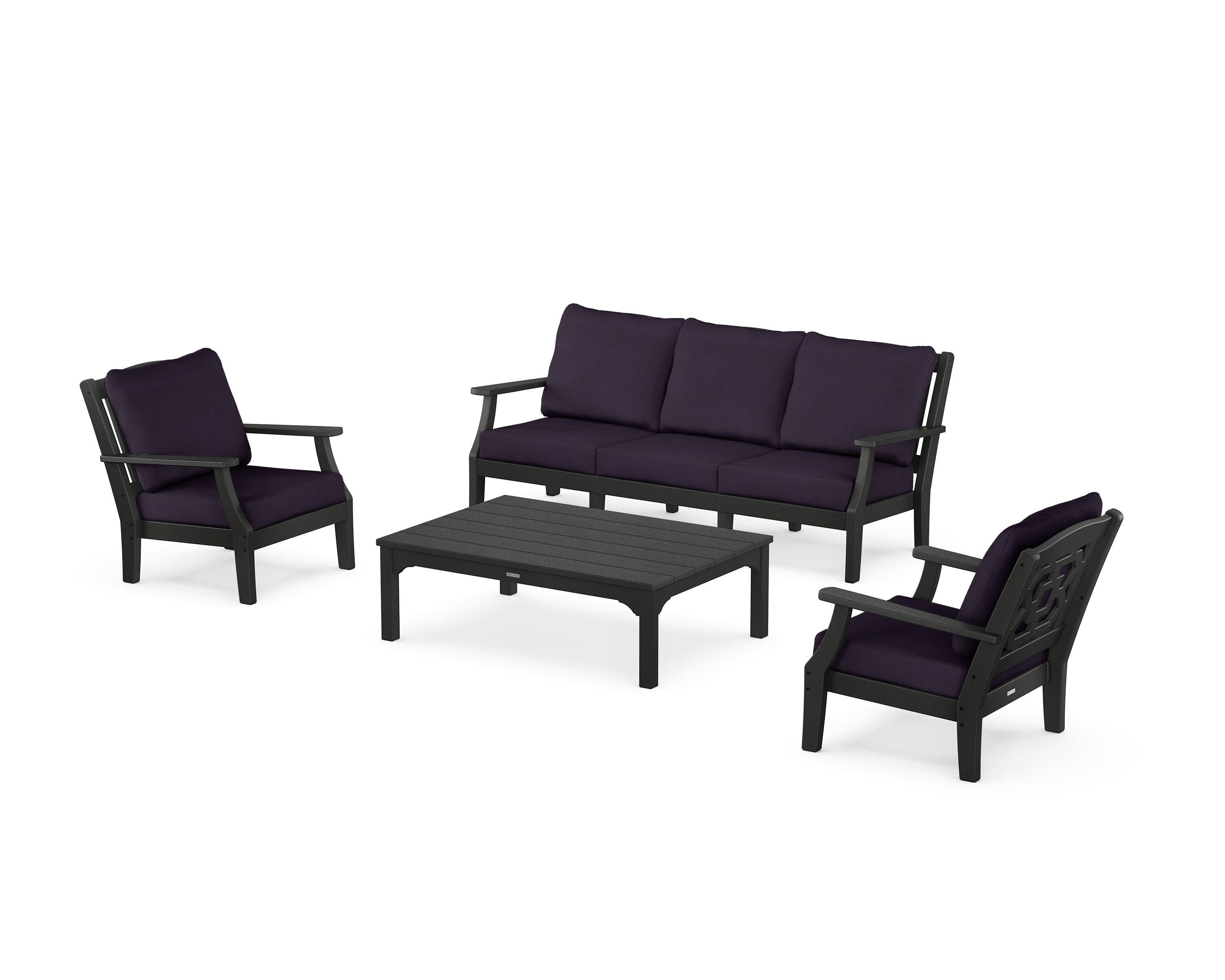 Martha Stewart by POLYWOOD® Chinoiserie 4-Piece Deep Seating Set with Sofa in Black / Navy Linen